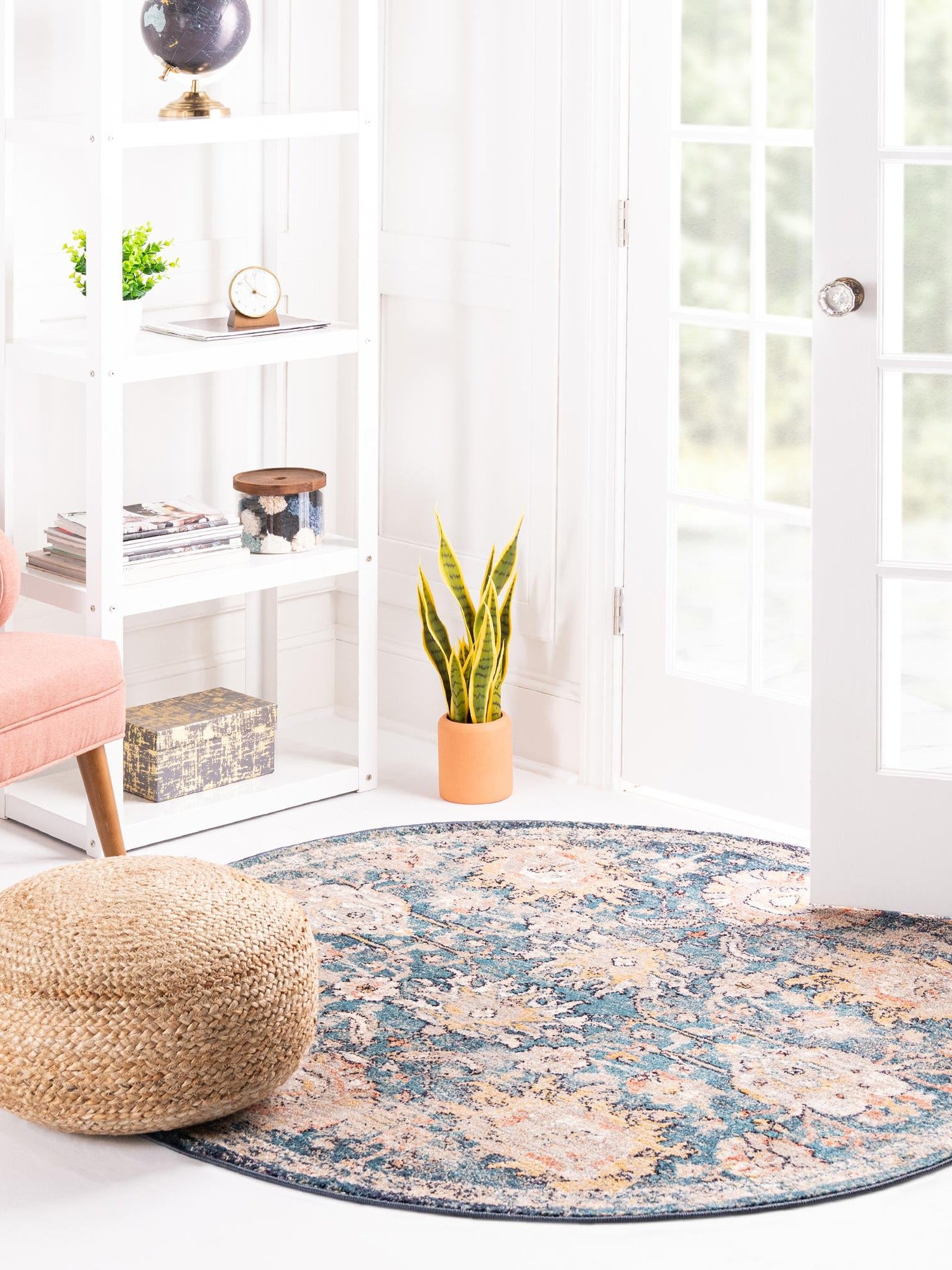 Blue 3' 11 x 3' 11 Lola Round Area Rug Polypropylene With Jute Backing Traditional Pattern Easy Clean Carpet for Home Interior Design for Sale at Rug Engine