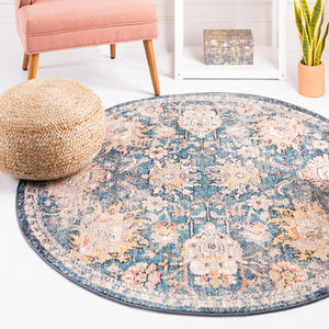 Blue 3' 11 x 3' 11 Lola Round Area Rug Polypropylene With Jute Backing Traditional Pattern Easy Clean Carpet for Home Interior Design for Sale at Rug Engine