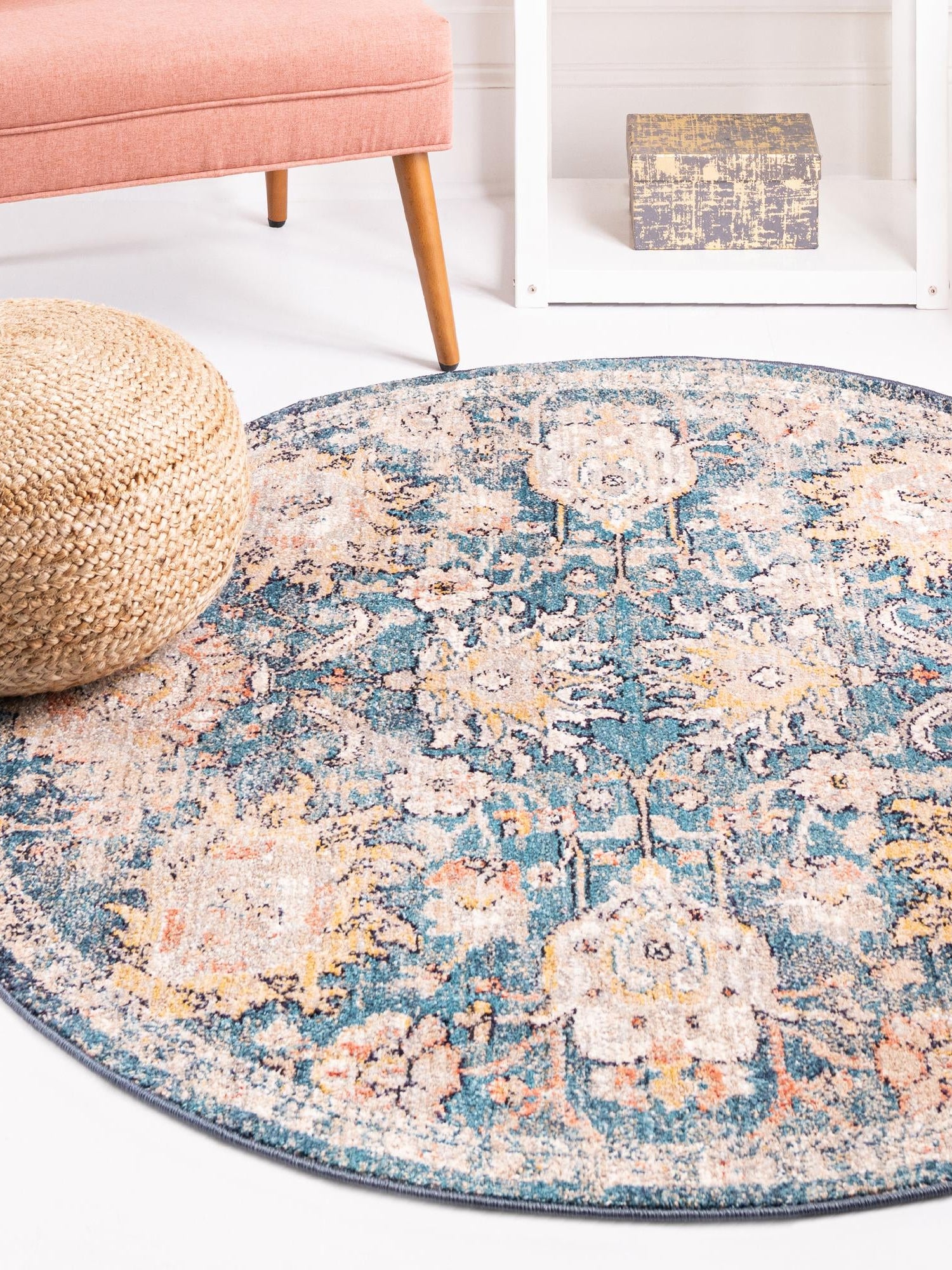 Blue 7' x 7' Lola Round Area Rug Polypropylene With Jute Backing Traditional Pattern Easy Clean Carpet for Home Interior Design for Sale at Rug Engine