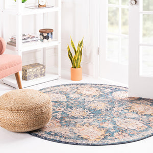 Blue 7' x 7' Lola Round Area Rug Polypropylene With Jute Backing Traditional Pattern Easy Clean Carpet for Home Interior Design for Sale at Rug Engine