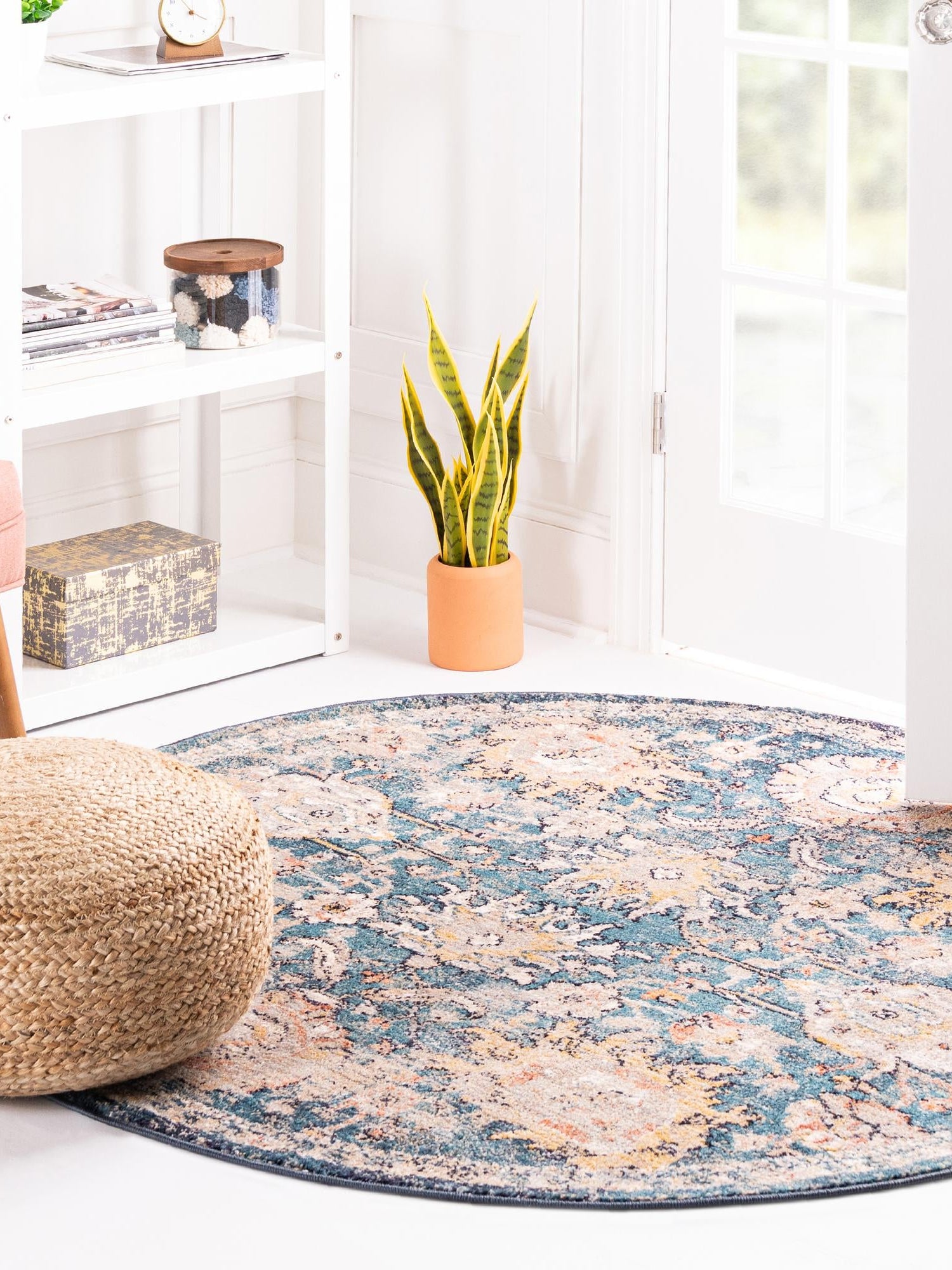 Blue 7' 10 x 7' 10 Lola Round Area Rug Polypropylene With Jute Backing Traditional Pattern Easy Clean Carpet for Home Interior Design for Sale at Rug Engine
