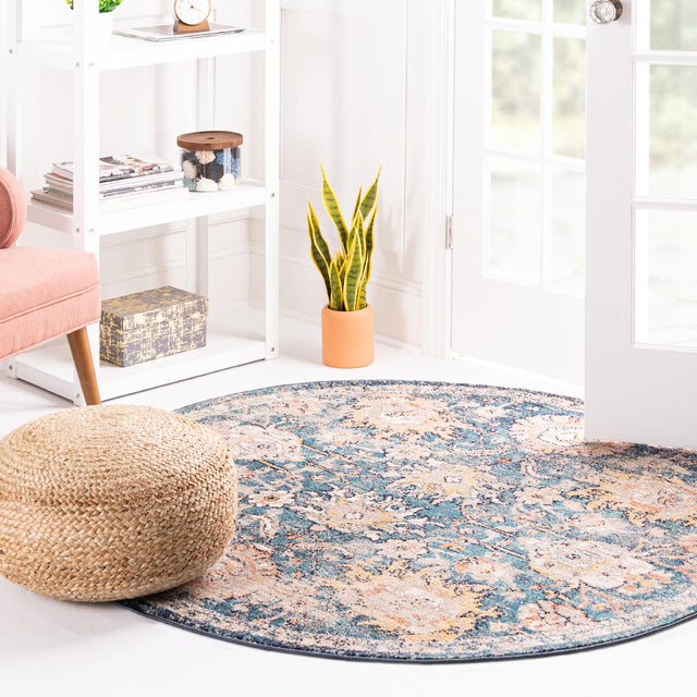 Blue 7' 10 x 7' 10 Lola Round Area Rug Polypropylene With Jute Backing Traditional Pattern Easy Clean Carpet for Home Interior Design for Sale at Rug Engine
