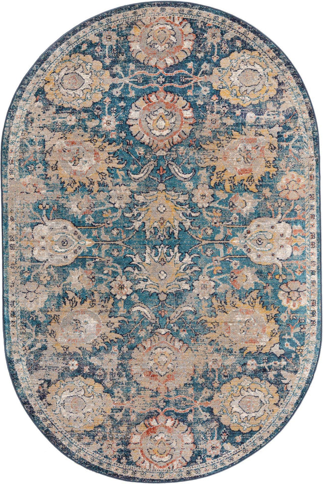 Blue 5' 3 x 8' Lola Oval Area Rug Polypropylene With Jute Backing Traditional Pattern Easy Clean Carpet for Home Interior Design for Sale at Rug Engine