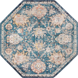Blue 5' x 5' Lola Octagon Area Rug Polypropylene With Jute Backing Traditional Pattern Easy Clean Carpet for Home Interior Design for Sale at Rug Engine
