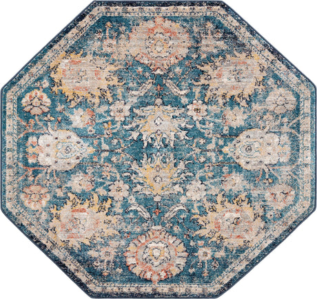 Blue 5' x 5' Lola Octagon Area Rug Polypropylene With Jute Backing Traditional Pattern Easy Clean Carpet for Home Interior Design for Sale at Rug Engine