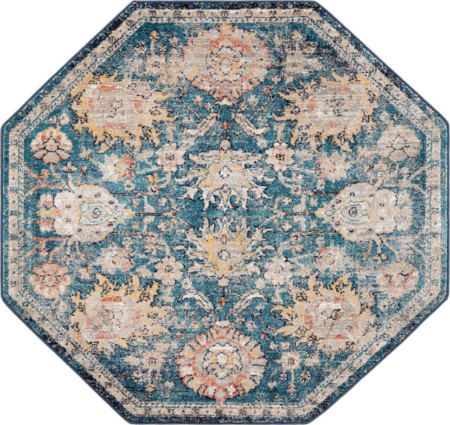 Blue 5' x 5' Lola Octagon Area Rug Polypropylene With Jute Backing Traditional Pattern Easy Clean Carpet for Home Interior Design for Sale at Rug Engine
