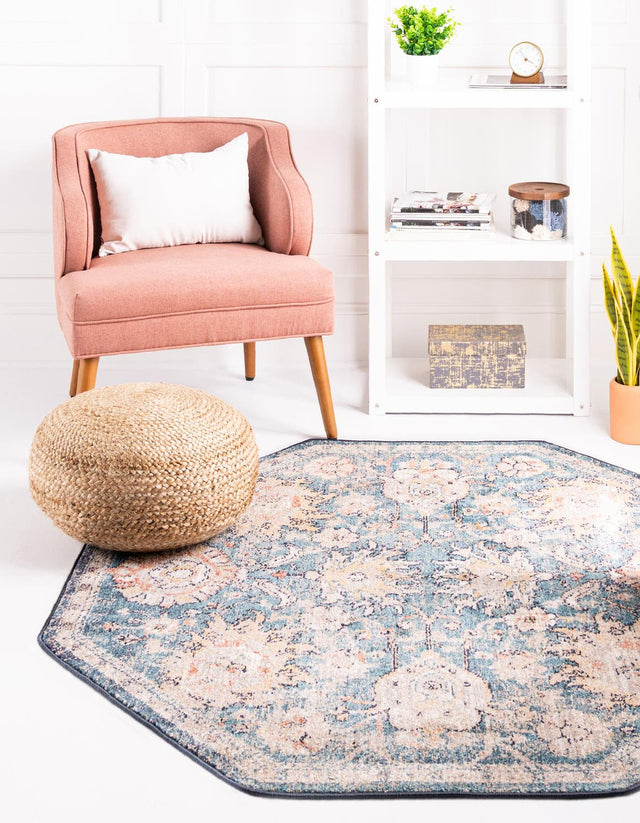 Blue 5' x 5' Lola Octagon Area Rug Polypropylene With Jute Backing Traditional Pattern Easy Clean Carpet for Home Interior Design for Sale at Rug Engine