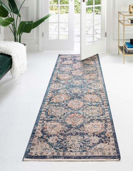 Blue 2' x 8' Lola Runner Area Rug Polypropylene With Jute Backing Traditional Pattern Easy Clean Carpet for Home Interior Design for Sale at Rug Engine