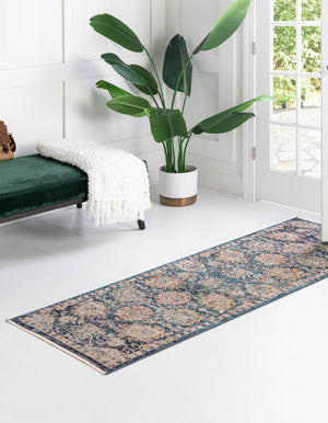 Blue 2' x 13' Lola Runner Area Rug Polypropylene With Jute Backing Traditional Pattern Easy Clean Carpet for Home Interior Design for Sale at Rug Engine