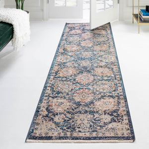 Blue 2' x 13' Lola Runner Area Rug Polypropylene With Jute Backing Traditional Pattern Easy Clean Carpet for Home Interior Design for Sale at Rug Engine