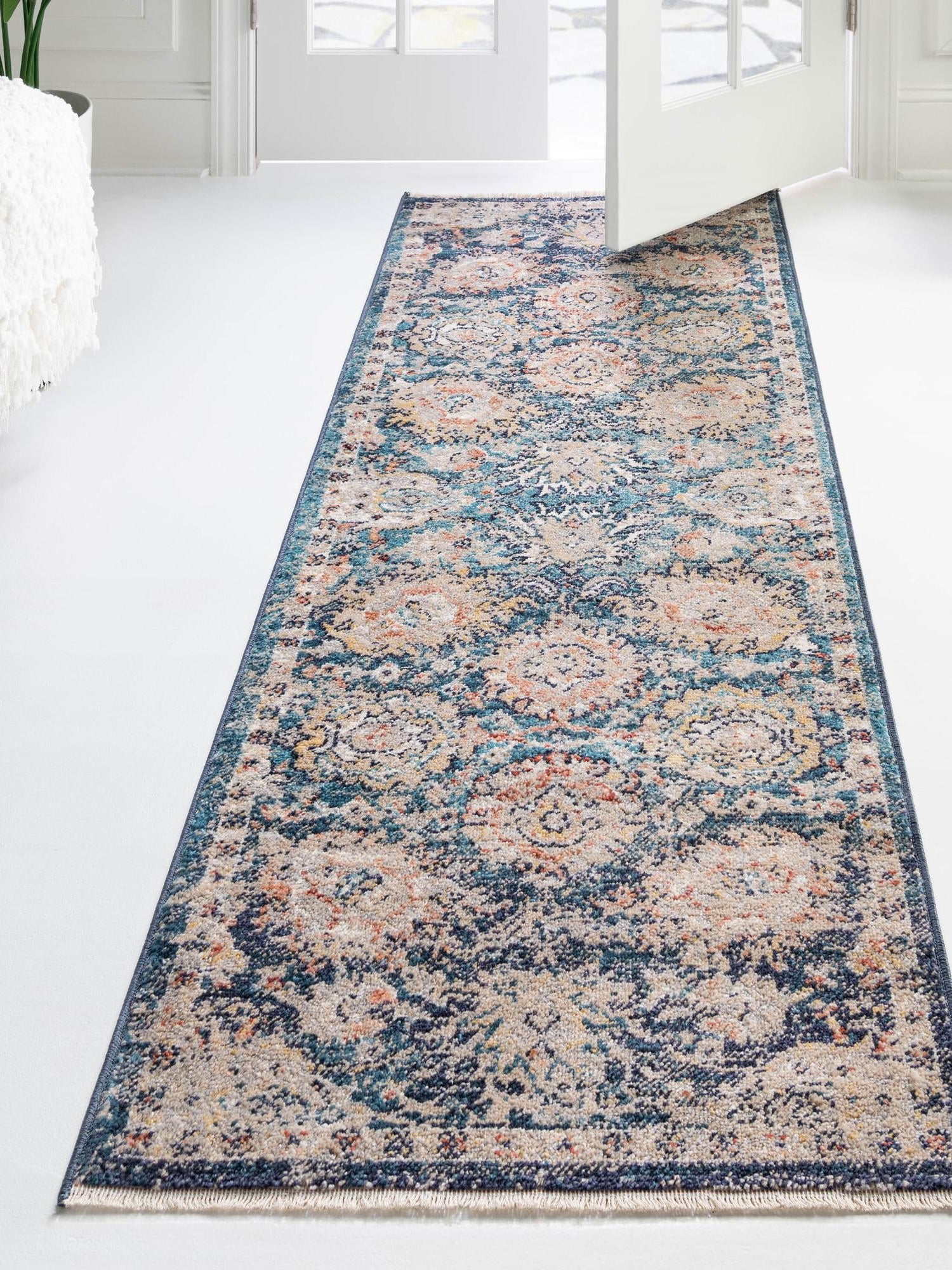 Blue 2' x 8' Lola Runner Area Rug Polypropylene With Jute Backing Traditional Pattern Easy Clean Carpet for Home Interior Design for Sale at Rug Engine