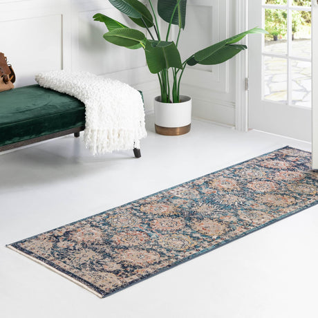 Blue 2' x 13' Lola Runner Area Rug Polypropylene With Jute Backing Traditional Pattern Easy Clean Carpet for Home Interior Design for Sale at Rug Engine