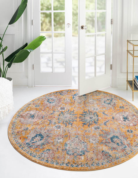 Yellow 7' 10 x 7' 10 Lola Round Area Rug Polypropylene With Jute Backing Traditional Pattern Easy Clean Carpet for Home Interior Design for Sale at Rug Engine