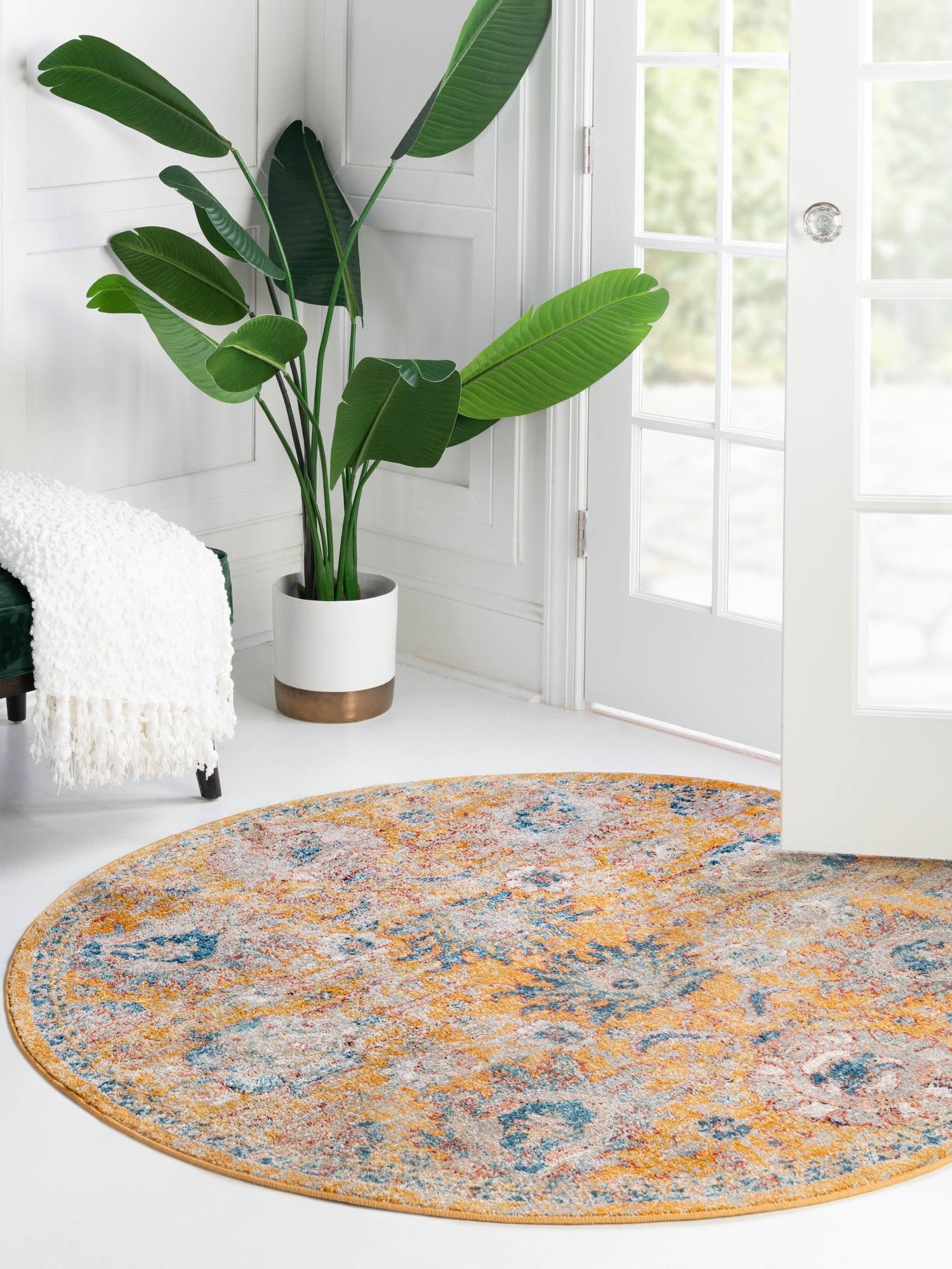 Yellow 7' 10 x 7' 10 Lola Round Area Rug Polypropylene With Jute Backing Traditional Pattern Easy Clean Carpet for Home Interior Design for Sale at Rug Engine