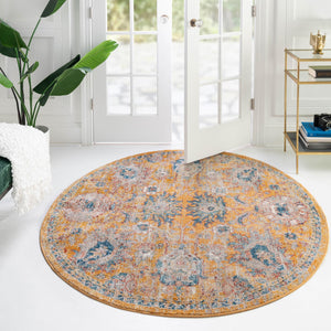 Yellow 7' x 7' Lola Round Area Rug Polypropylene With Jute Backing Traditional Pattern Easy Clean Carpet for Home Interior Design for Sale at Rug Engine
