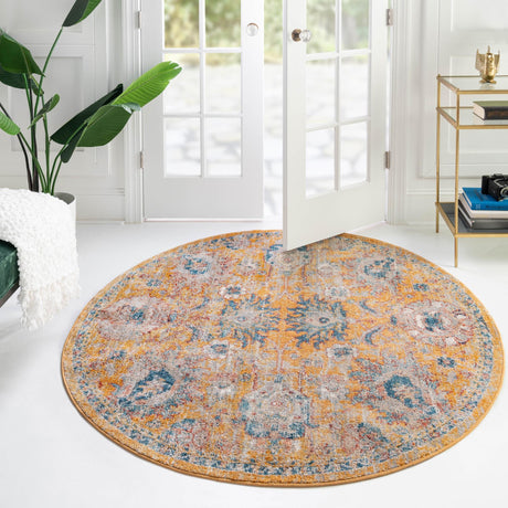 Yellow 7' x 7' Lola Round Area Rug Polypropylene With Jute Backing Traditional Pattern Easy Clean Carpet for Home Interior Design for Sale at Rug Engine