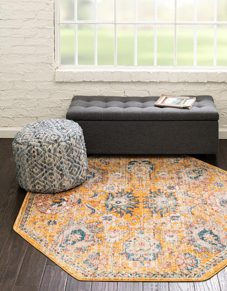 Yellow 7' 10 x 7' 10 Lola Octagon Area Rug Polypropylene With Jute Backing Traditional Pattern Easy Clean Carpet for Home Interior Design for Sale at Rug Engine