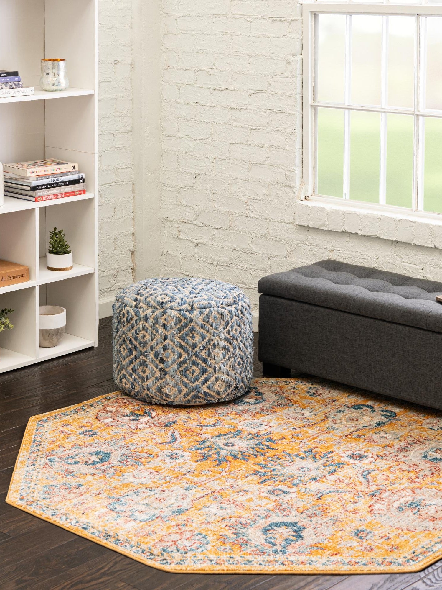 Yellow 7' 10 x 7' 10 Lola Octagon Area Rug Polypropylene With Jute Backing Traditional Pattern Easy Clean Carpet for Home Interior Design for Sale at Rug Engine