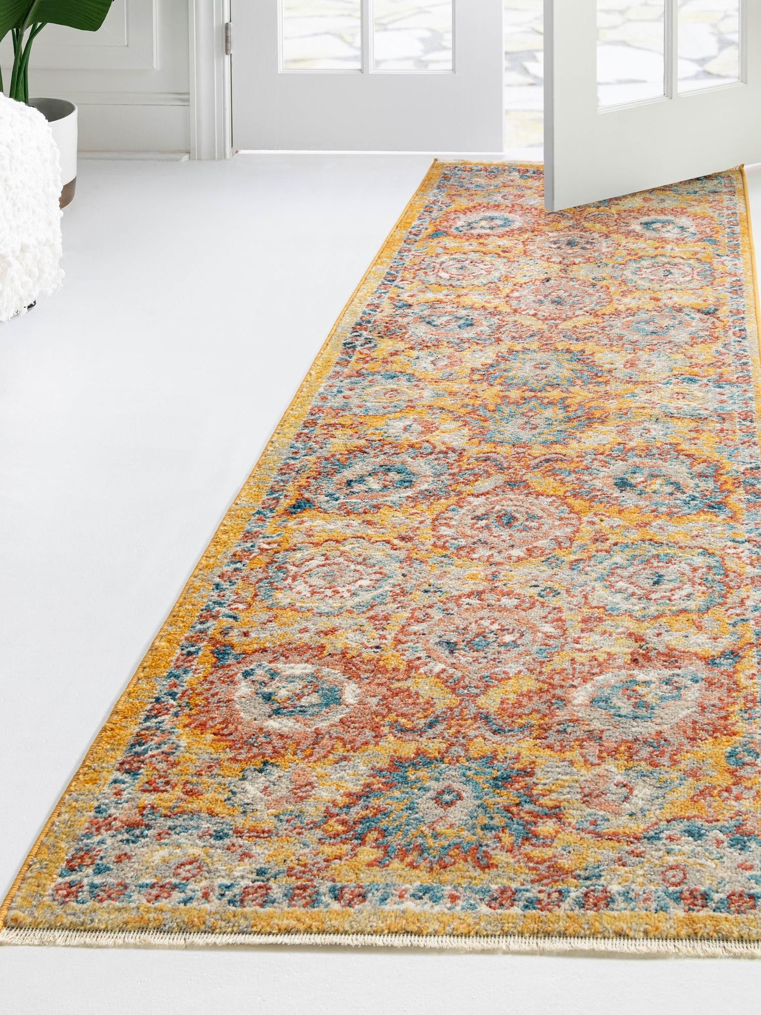 Yellow 2' x 13' Lola Runner Area Rug Polypropylene With Jute Backing Traditional Pattern Easy Clean Carpet for Home Interior Design for Sale at Rug Engine
