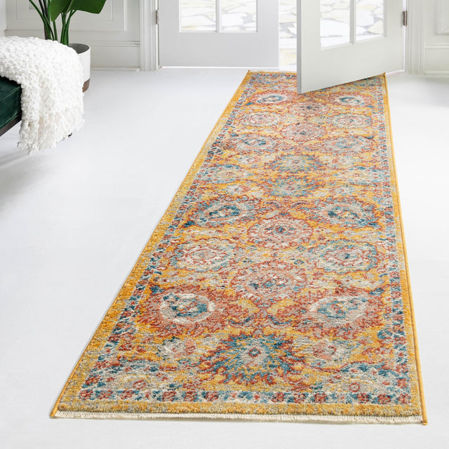 Yellow 2' x 13' Lola Runner Area Rug Polypropylene With Jute Backing Traditional Pattern Easy Clean Carpet for Home Interior Design for Sale at Rug Engine
