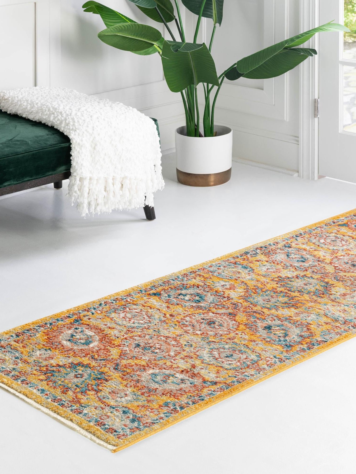 Yellow 2' x 13' Lola Runner Area Rug Polypropylene With Jute Backing Traditional Pattern Easy Clean Carpet for Home Interior Design for Sale at Rug Engine