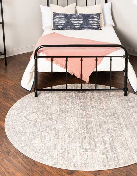 Gray 5' 2 x 5' 2 Lola Round Area Rug Polypropylene With Jute Backing Traditional Pattern Easy Clean Carpet for Home Interior Design for Sale at Rug Engine
