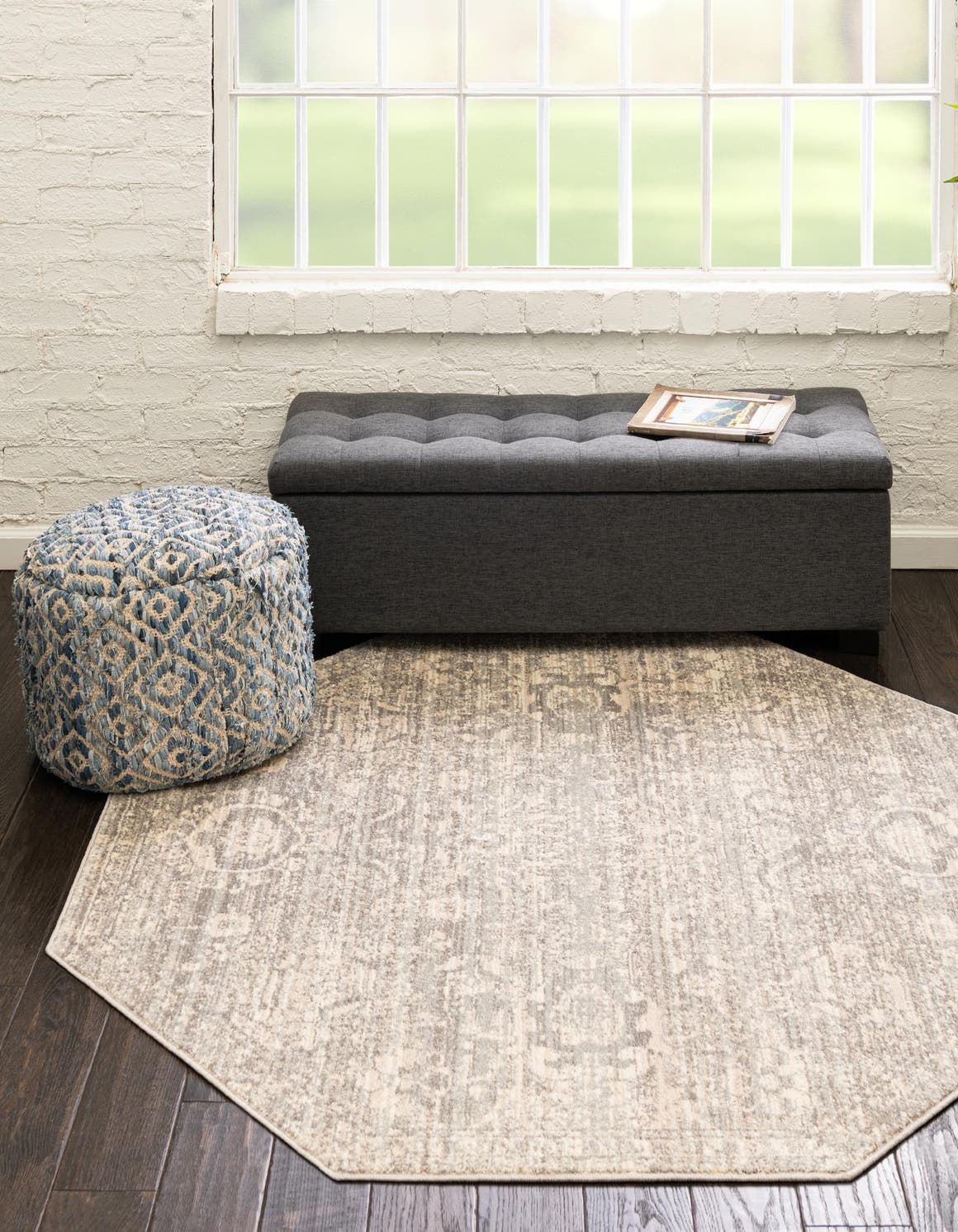 Gray 7' 10 x 7' 10 Lola Octagon Area Rug Polypropylene With Jute Backing Traditional Pattern Easy Clean Carpet for Home Interior Design for Sale at Rug Engine
