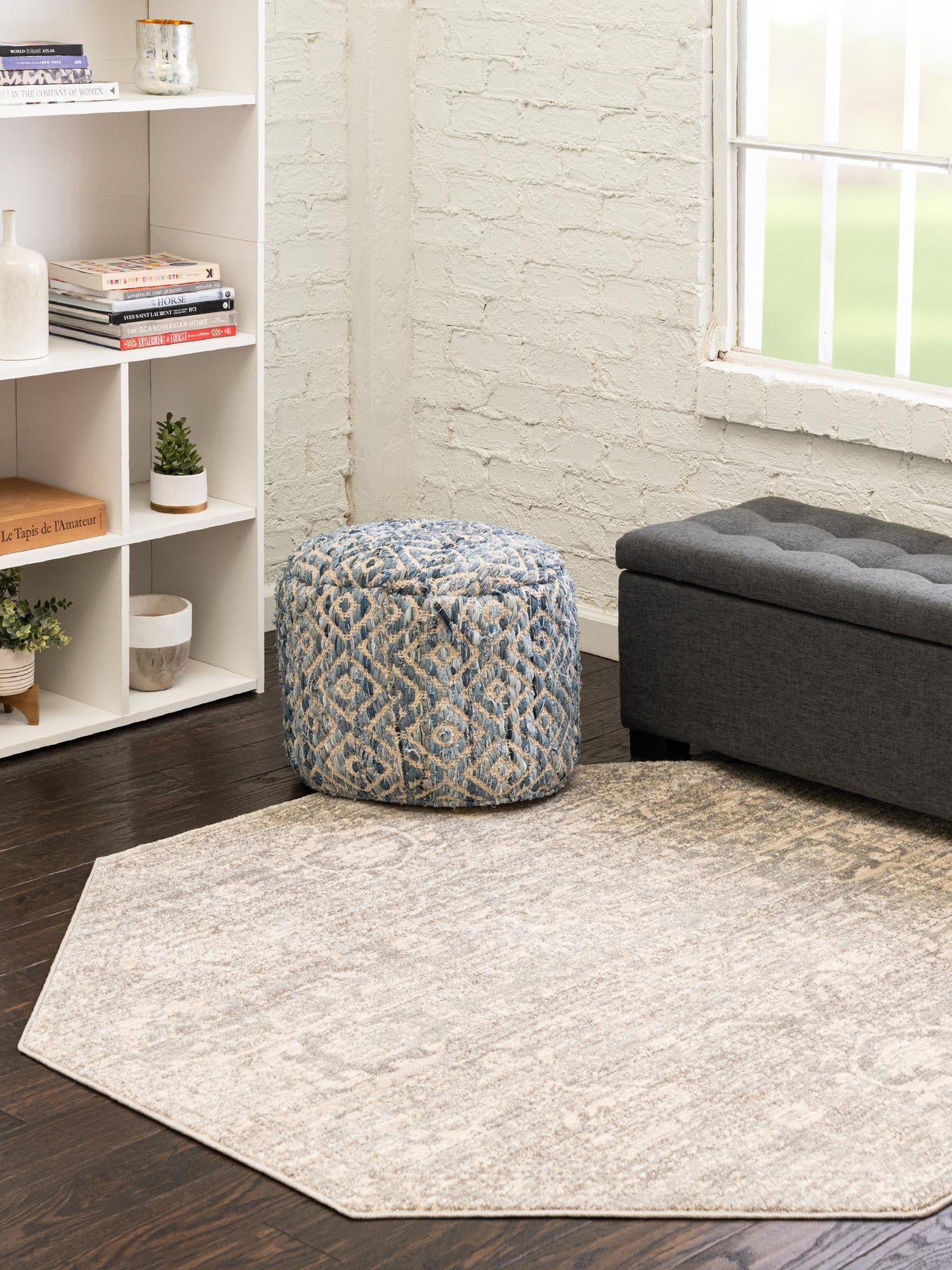 Gray 7' 10 x 7' 10 Lola Octagon Area Rug Polypropylene With Jute Backing Traditional Pattern Easy Clean Carpet for Home Interior Design for Sale at Rug Engine
