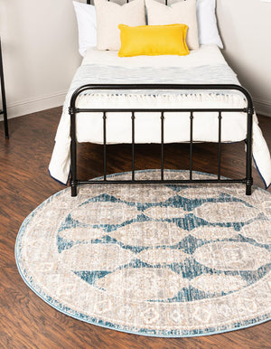 Blue 3' 3 x 3' 3 Lola Round Area Rug Polypropylene With Jute Backing Traditional Pattern Easy Clean Carpet for Home Interior Design for Sale at Rug Engine