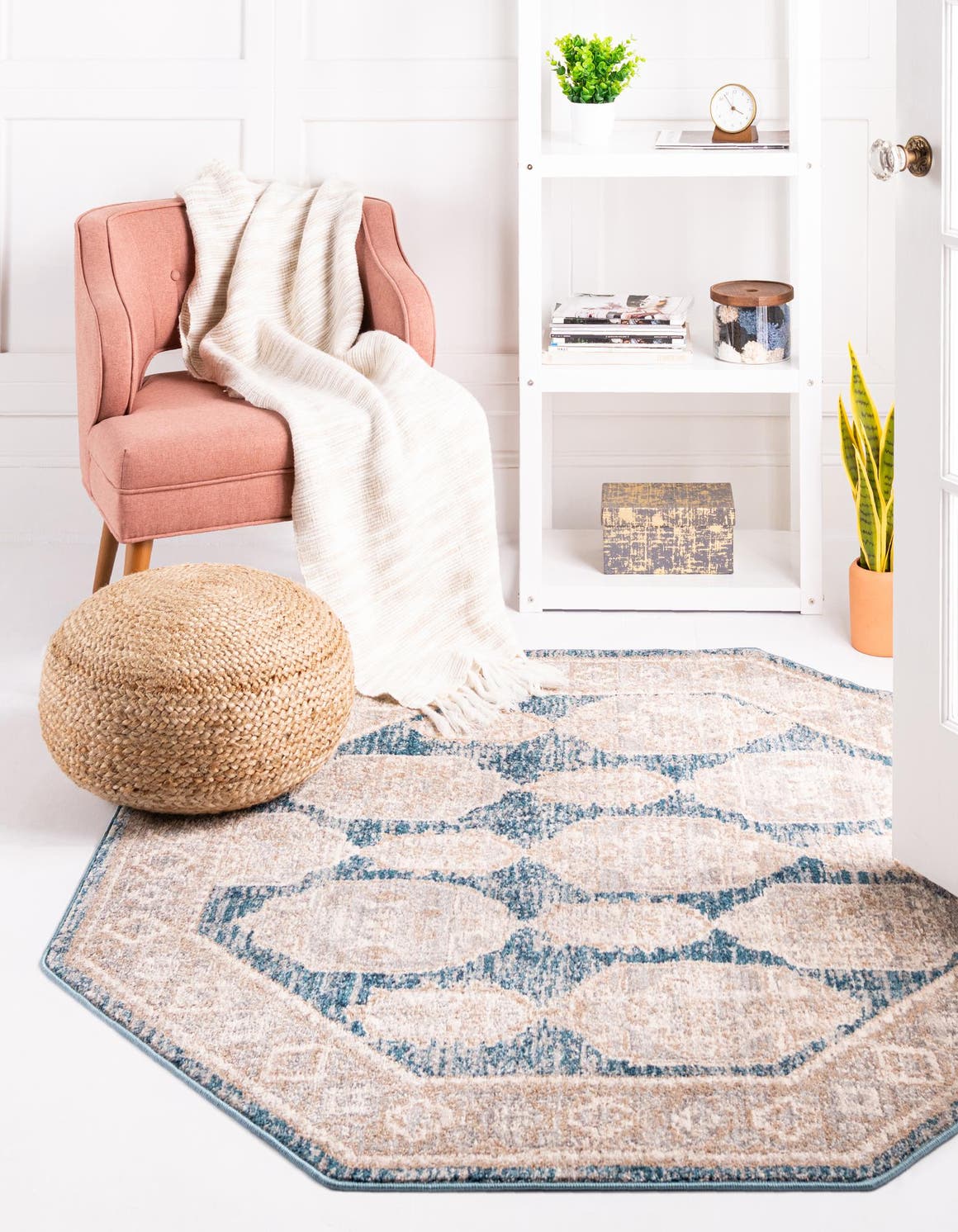Blue 3' 11 x 3' 11 Lola Octagon Area Rug Polypropylene With Jute Backing Traditional Pattern Easy Clean Carpet for Home Interior Design for Sale at Rug Engine