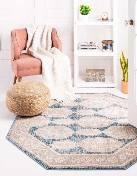 Blue 5' x 5' Lola Octagon Area Rug Polypropylene With Jute Backing Traditional Pattern Easy Clean Carpet for Home Interior Design for Sale at Rug Engine