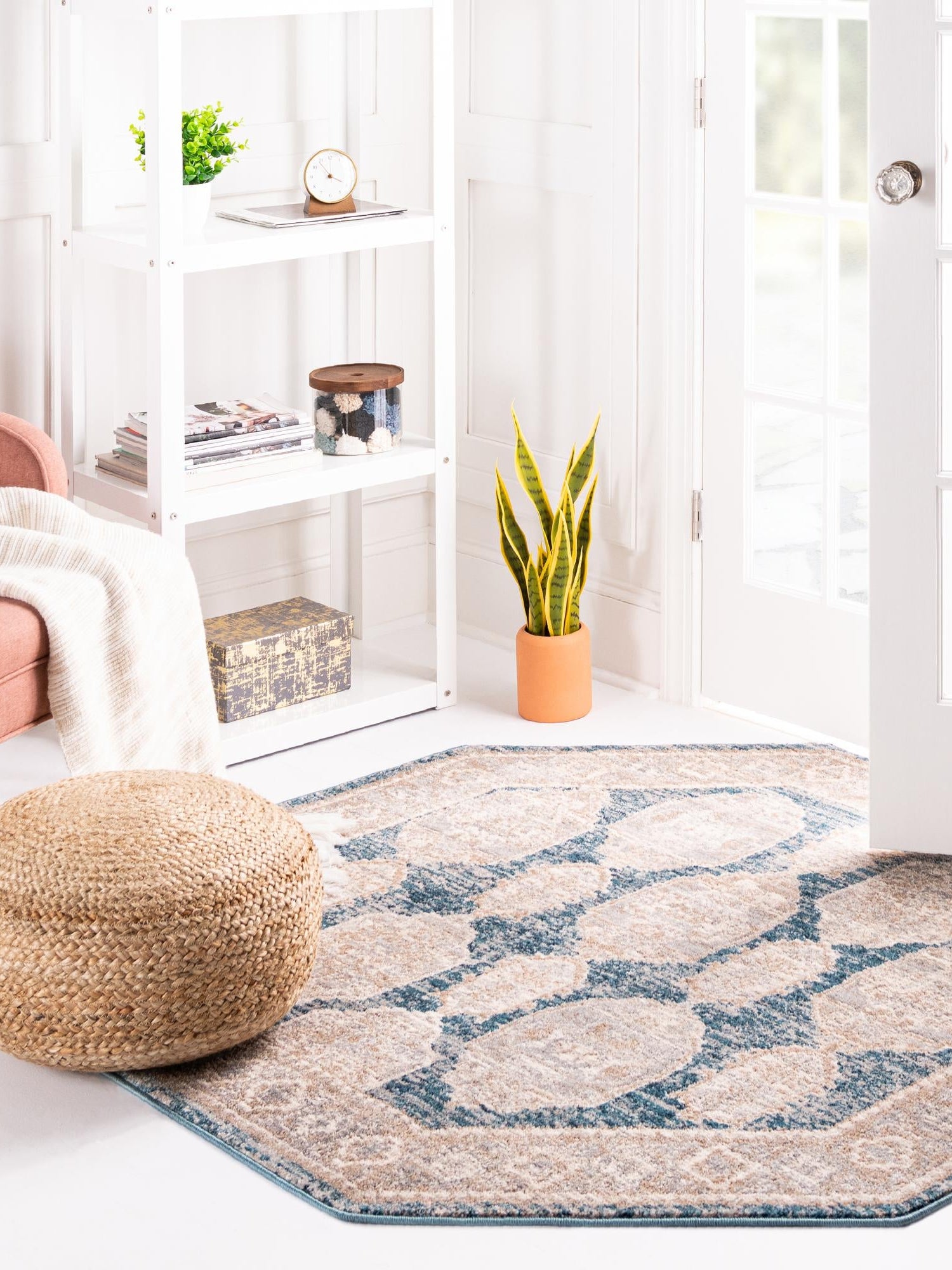 Blue 7' 10 x 7' 10 Lola Octagon Area Rug Polypropylene With Jute Backing Traditional Pattern Easy Clean Carpet for Home Interior Design for Sale at Rug Engine