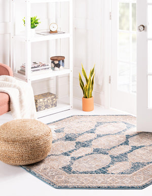 Blue 3' 11 x 3' 11 Lola Octagon Area Rug Polypropylene With Jute Backing Traditional Pattern Easy Clean Carpet for Home Interior Design for Sale at Rug Engine