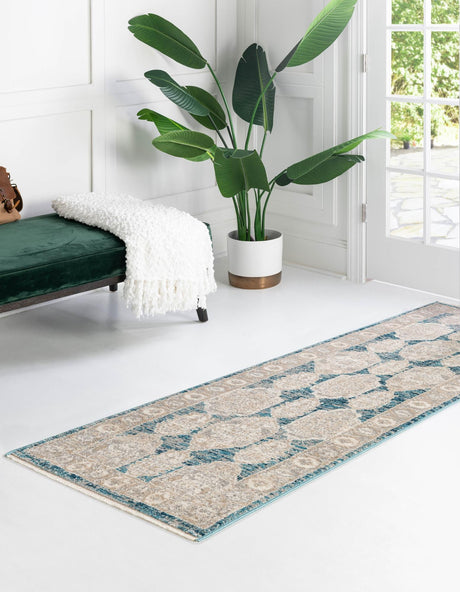 Blue 2' x 13' Lola Runner Area Rug Polypropylene With Jute Backing Traditional Pattern Easy Clean Carpet for Home Interior Design for Sale at Rug Engine