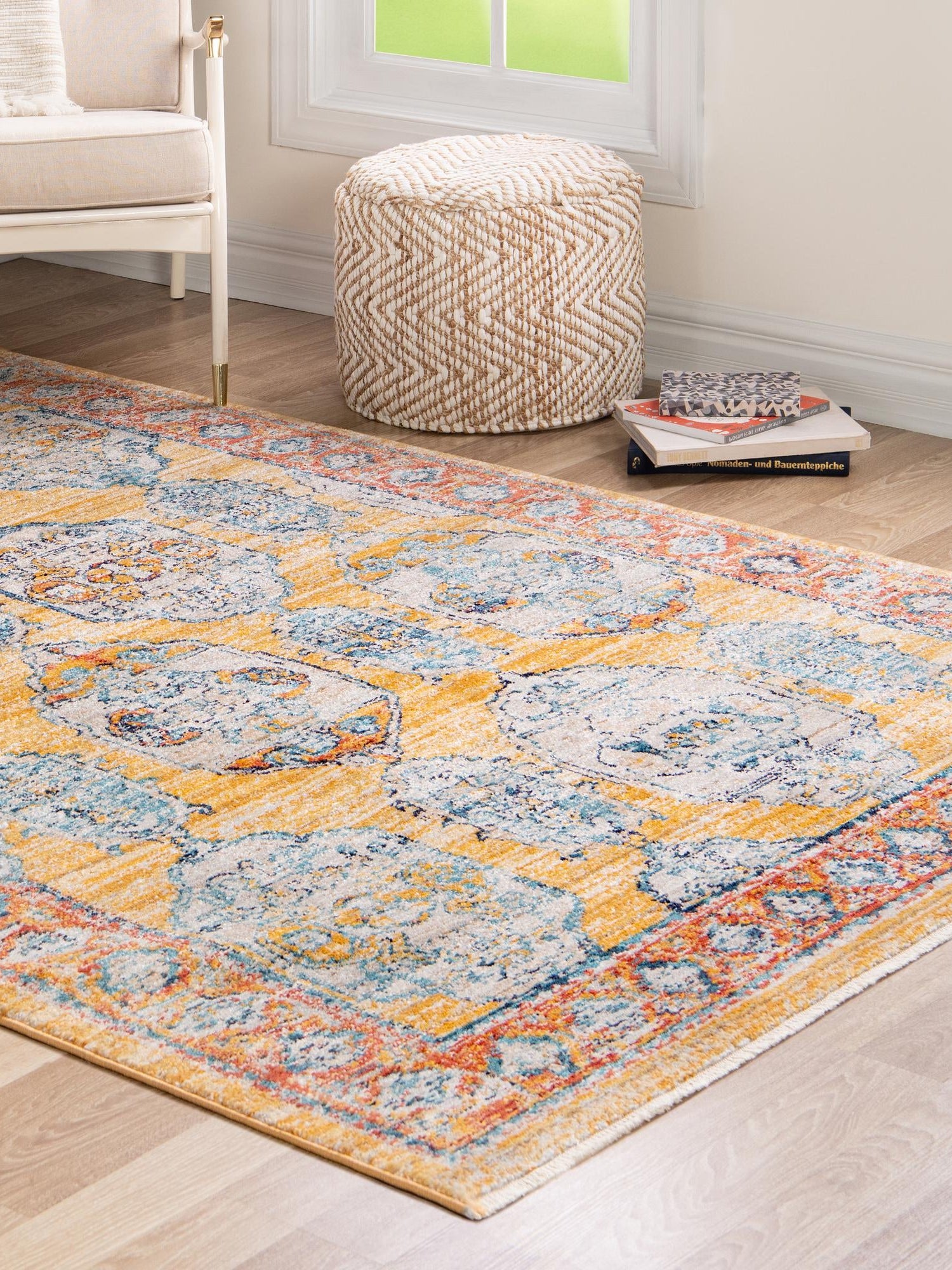Yellow 6' x 9' 2 Lola Rectangle Area Rug Polypropylene With Jute Backing Traditional Pattern Easy Clean Carpet for Home Interior Design for Sale at Rug Engine