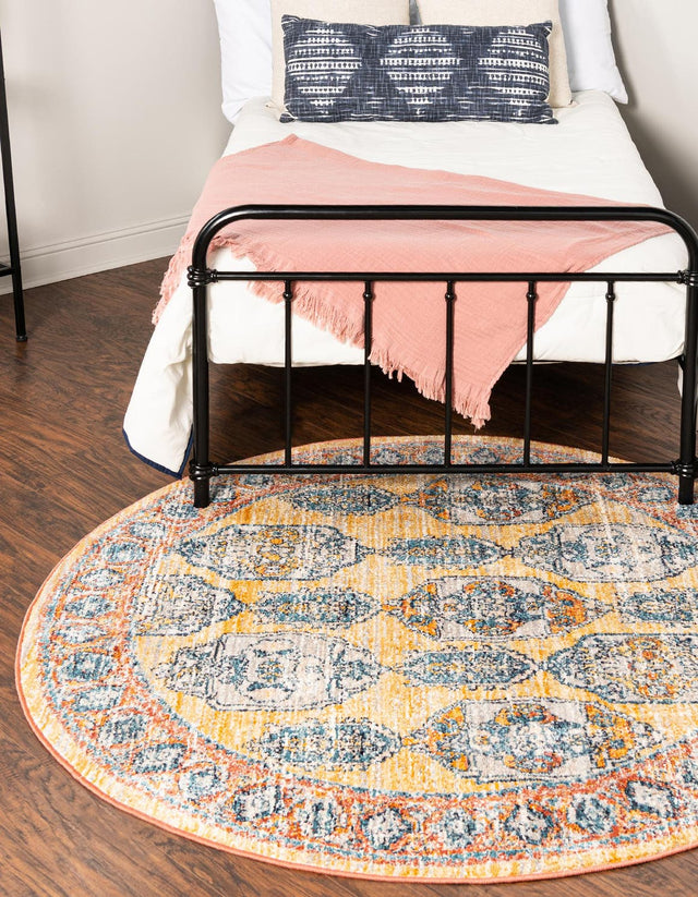 Yellow 7' x 7' Lola Round Area Rug Polypropylene With Jute Backing Traditional Pattern Easy Clean Carpet for Home Interior Design for Sale at Rug Engine