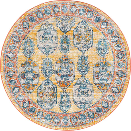 Yellow 5' 2 x 5' 2 Lola Round Area Rug Polypropylene With Jute Backing Traditional Pattern Easy Clean Carpet for Home Interior Design for Sale at Rug Engine