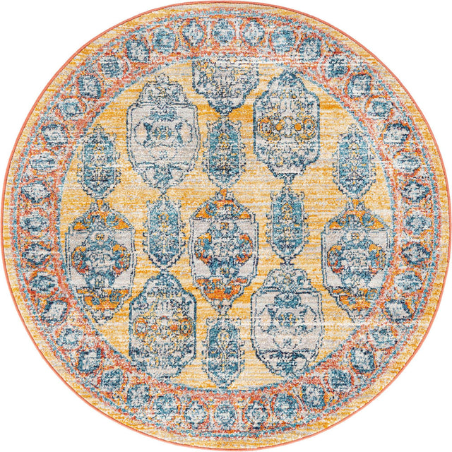Yellow 5' 2 x 5' 2 Lola Round Area Rug Polypropylene With Jute Backing Traditional Pattern Easy Clean Carpet for Home Interior Design for Sale at Rug Engine