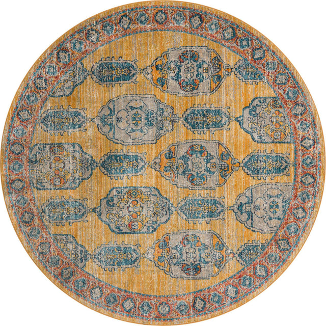 Yellow 7' 10 x 7' 10 Lola Round Area Rug Polypropylene With Jute Backing Traditional Pattern Easy Clean Carpet for Home Interior Design for Sale at Rug Engine