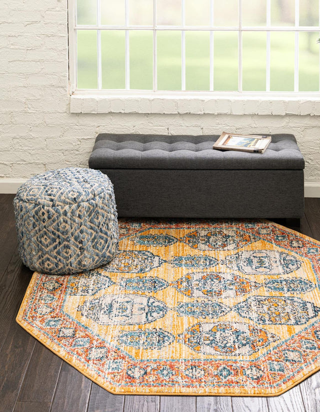 Yellow 5' x 5' Lola Octagon Area Rug Polypropylene With Jute Backing Traditional Pattern Easy Clean Carpet for Home Interior Design for Sale at Rug Engine