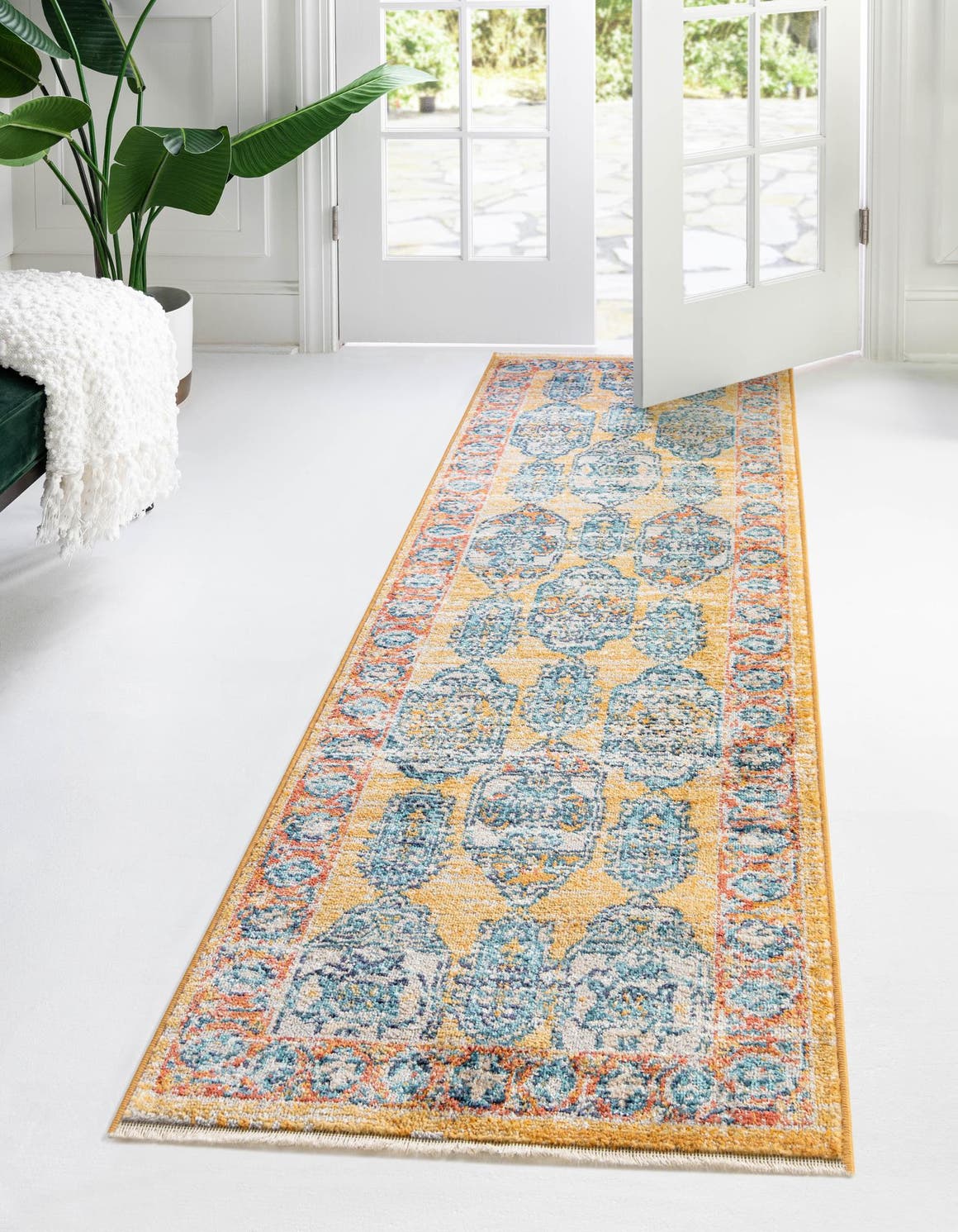 Yellow 2' x 13' Lola Runner Area Rug Polypropylene With Jute Backing Traditional Pattern Easy Clean Carpet for Home Interior Design for Sale at Rug Engine