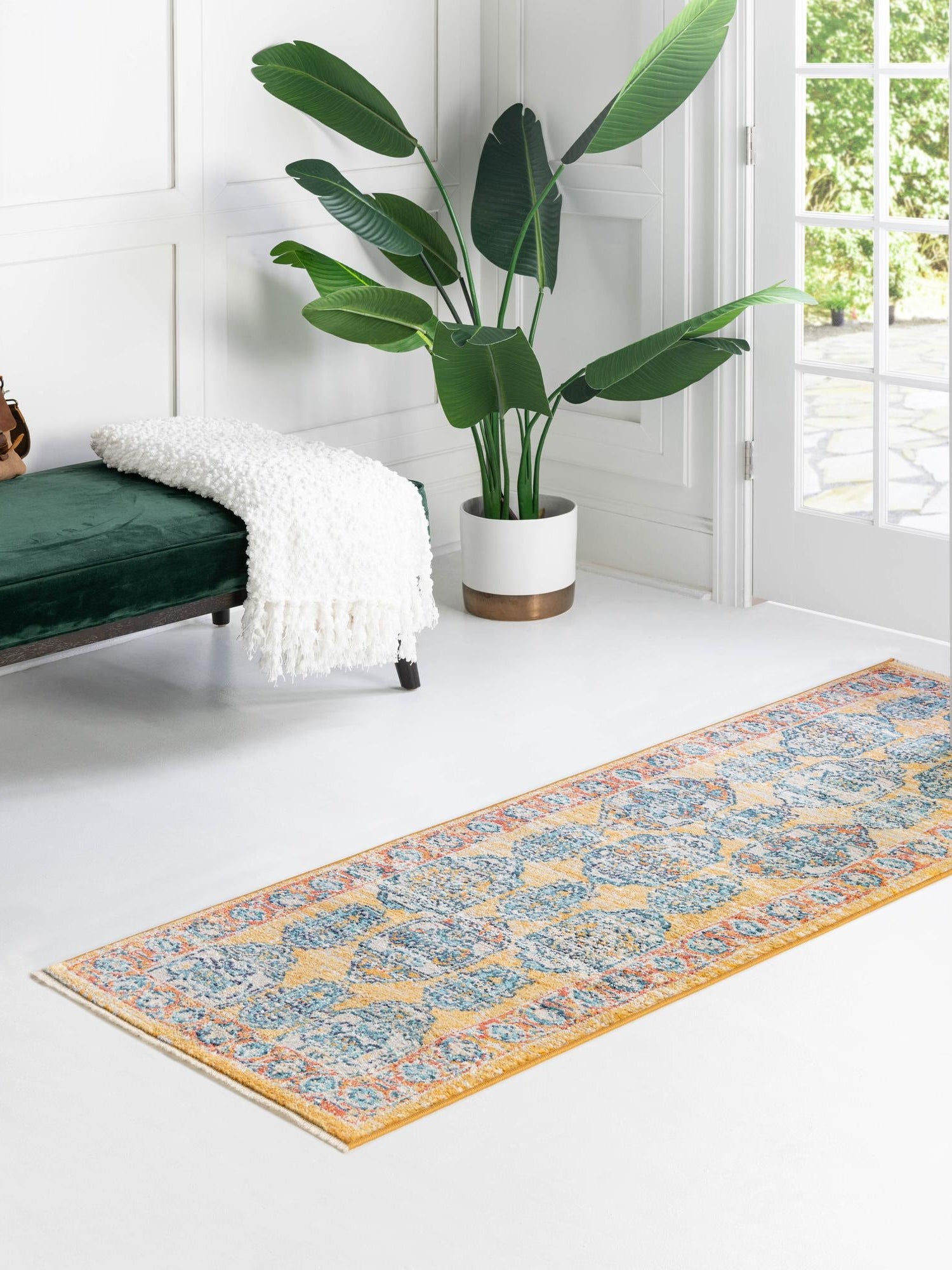 Yellow 2' x 8' Lola Runner Area Rug Polypropylene With Jute Backing Traditional Pattern Easy Clean Carpet for Home Interior Design for Sale at Rug Engine
