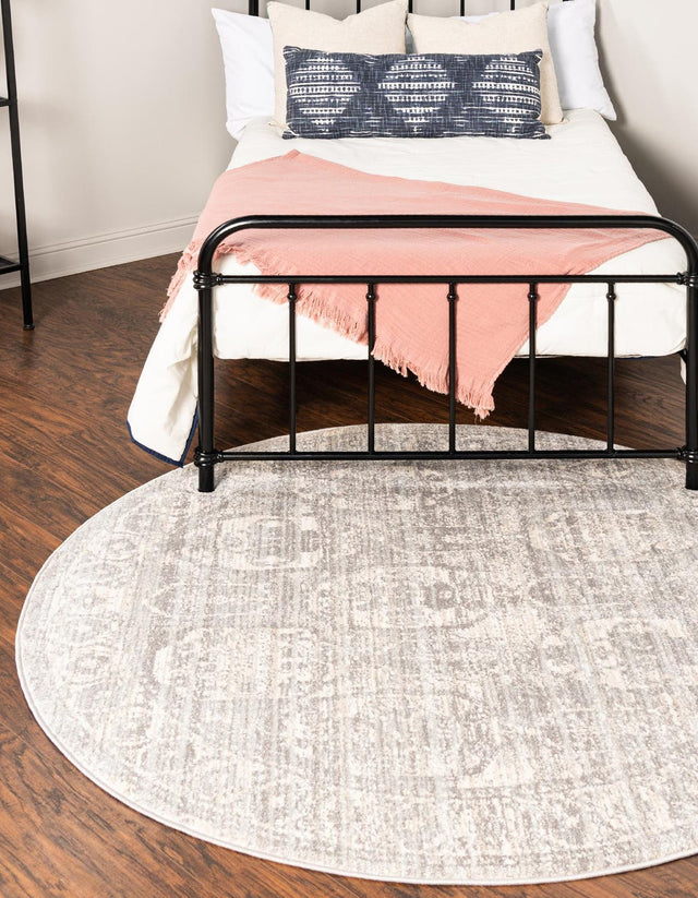 Gray 7' 10 x 7' 10 Lola Round Area Rug Polypropylene With Jute Backing Traditional Pattern Easy Clean Carpet for Home Interior Design for Sale at Rug Engine