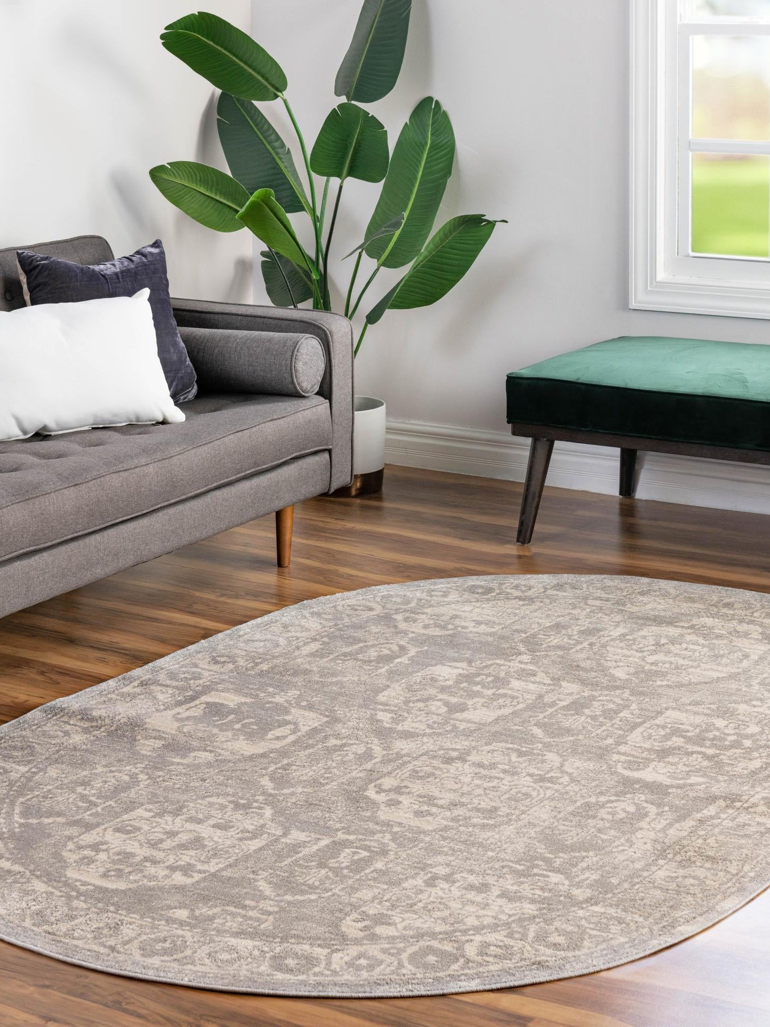 Gray 5' 3 x 8' Lola Oval Area Rug Polypropylene With Jute Backing Traditional Pattern Easy Clean Carpet for Home Interior Design for Sale at Rug Engine