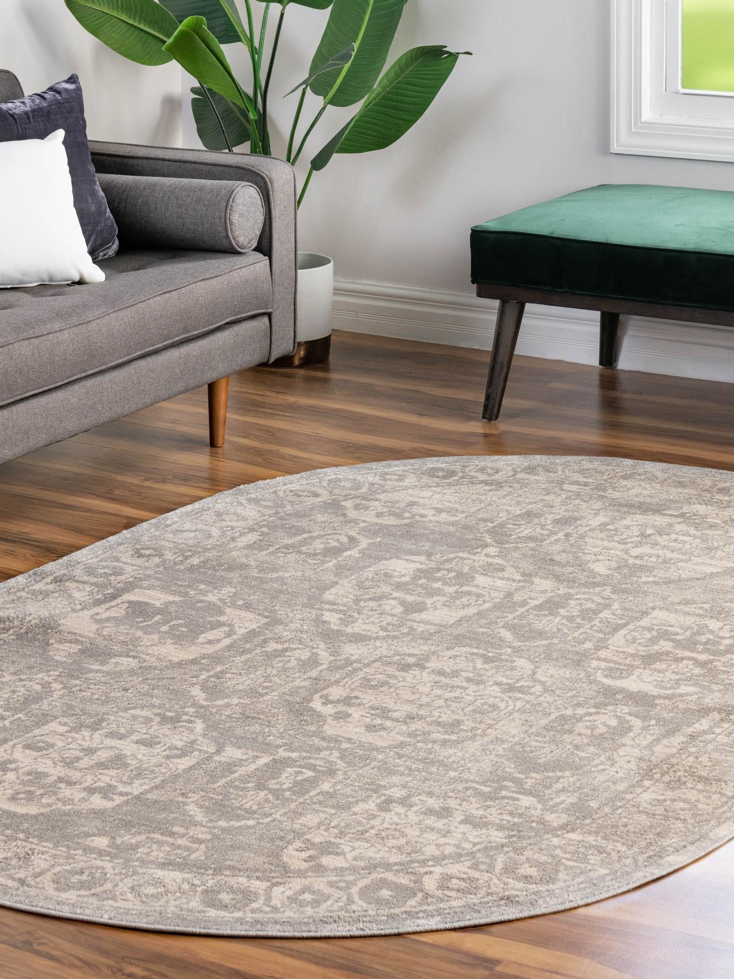 Gray 5' 3 x 8' Lola Oval Area Rug Polypropylene With Jute Backing Traditional Pattern Easy Clean Carpet for Home Interior Design for Sale at Rug Engine