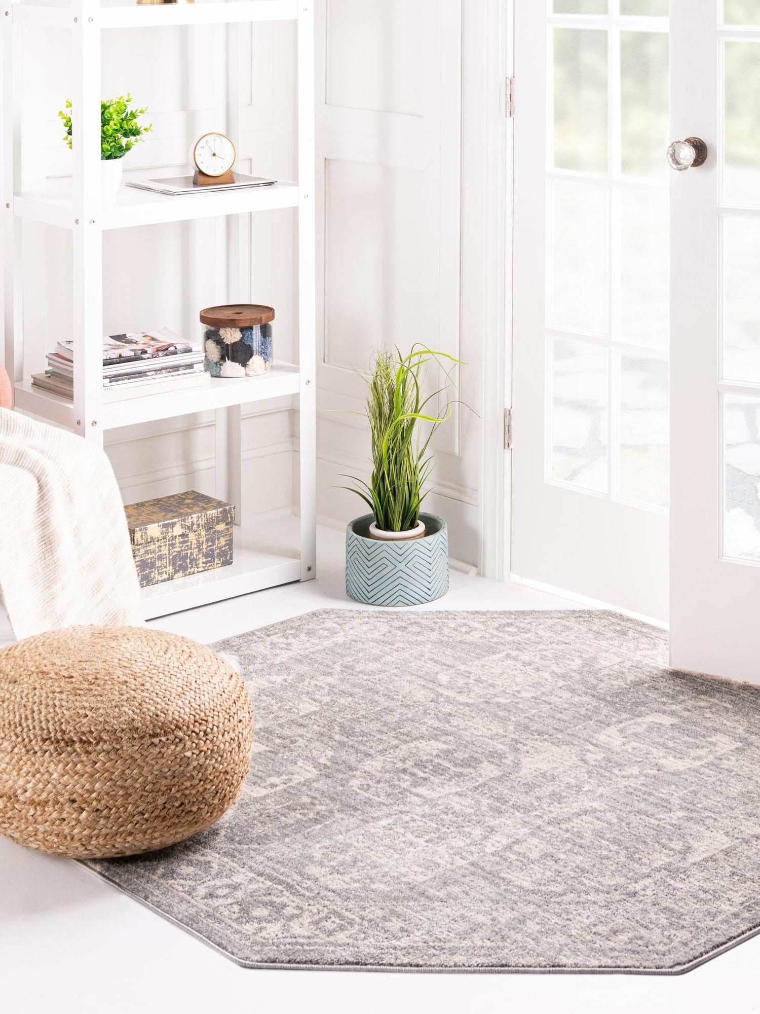Gray 5' x 5' Lola Octagon Area Rug Polypropylene With Jute Backing Traditional Pattern Easy Clean Carpet for Home Interior Design for Sale at Rug Engine