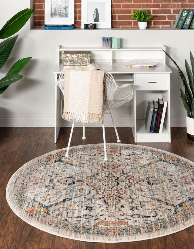 Ivory 3' 11 x 3' 11 Lola Round Area Rug Polypropylene With Jute Backing Traditional Pattern Easy Clean Carpet for Home Interior Design for Sale at Rug Engine