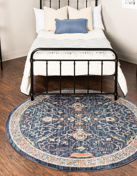 Navy Blue 7' x 7' Lola Round Area Rug Polypropylene With Jute Backing Traditional Pattern Easy Clean Carpet for Home Interior Design for Sale at Rug Engine