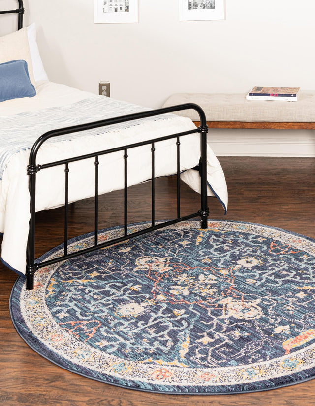 Navy Blue 5' 2 x 5' 2 Lola Round Area Rug Polypropylene With Jute Backing Traditional Pattern Easy Clean Carpet for Home Interior Design for Sale at Rug Engine