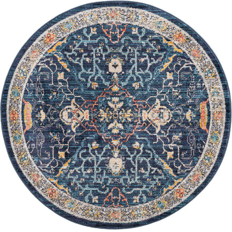 Navy Blue 5' 2 x 5' 2 Lola Round Area Rug Polypropylene With Jute Backing Traditional Pattern Easy Clean Carpet for Home Interior Design for Sale at Rug Engine